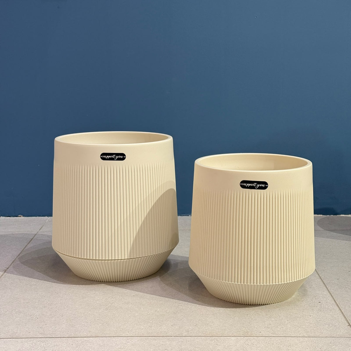 Modern Ribbed Plastic Planter Pot with Matching Drainage Saucer Tray