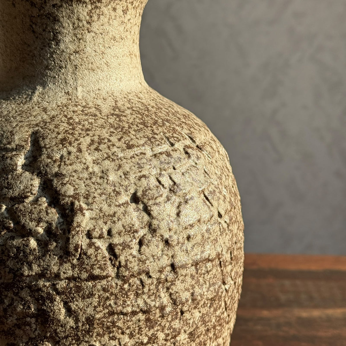 Tall Textured Stoneware Ceramic Vase with Carved Rustic Finish