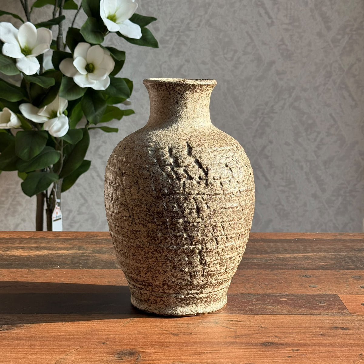 Tall Textured Stoneware Ceramic Vase with Carved Rustic Finish
