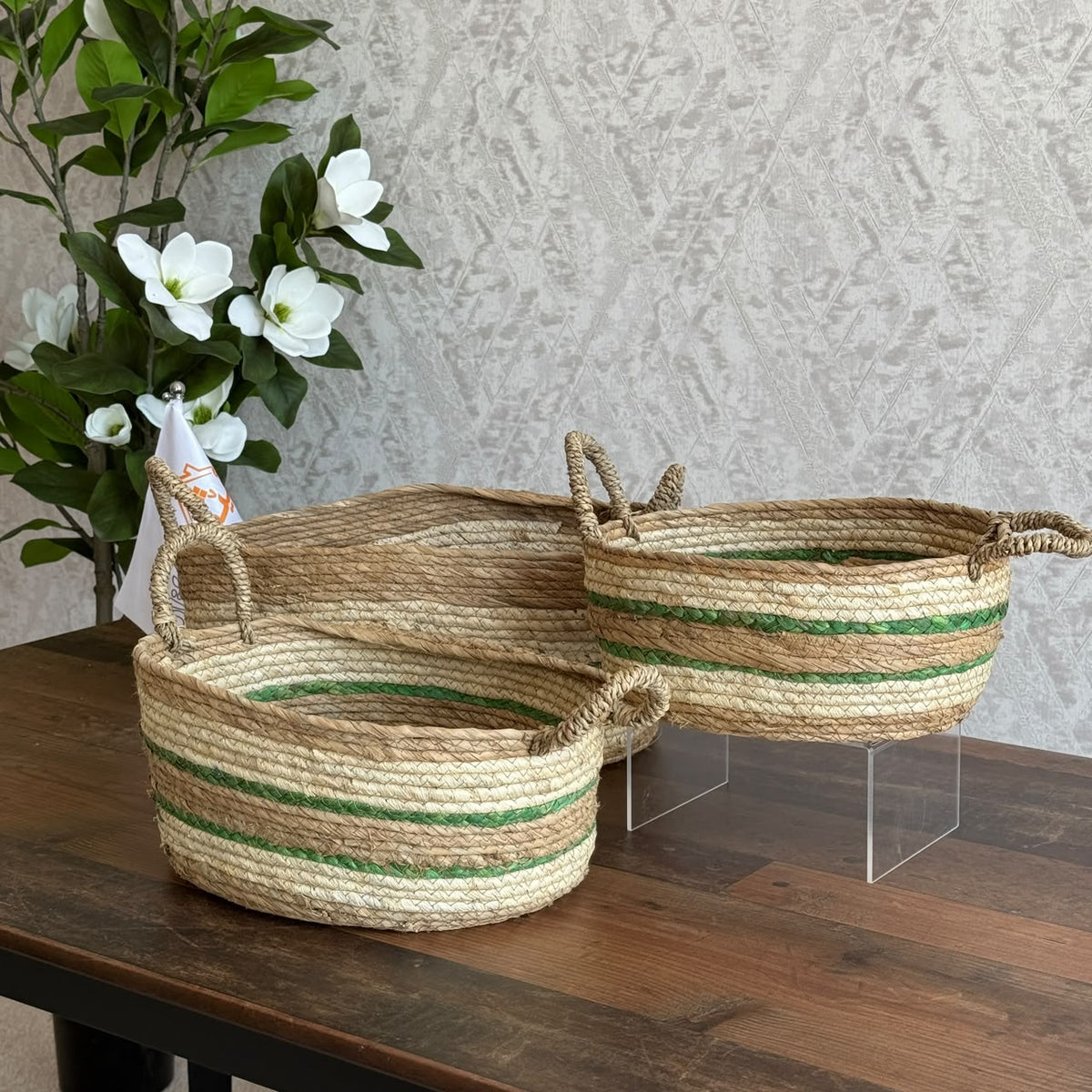 Handwoven Three-Tone Seagrass Storage Baskets Set
