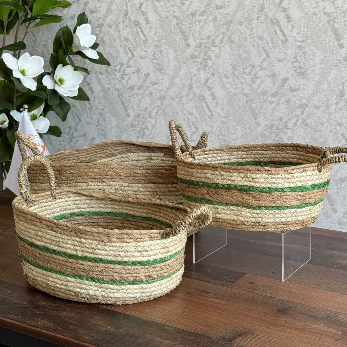 Handwoven Three-Tone Seagrass Storage Baskets Set