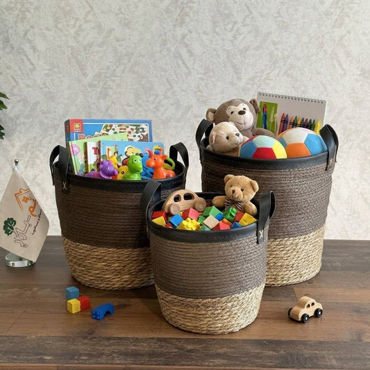 3-Piece Woven Storage Basket Set with Leather Handles & Trim