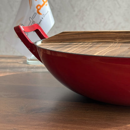 Enameled Cast Iron Pan with Natural Wooden Lid