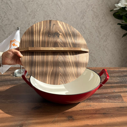 Enameled Cast Iron Pan with Natural Wooden Lid