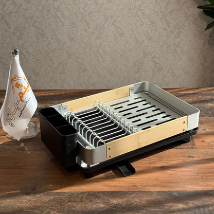 Modern Compact Countertop Dish Drainer with Wooden Accents & Cutlery Holder