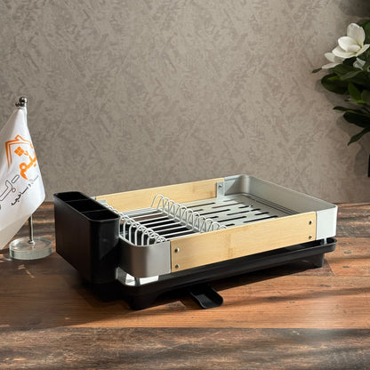 Modern Compact Countertop Dish Drainer with Wooden Accents & Cutlery Holder