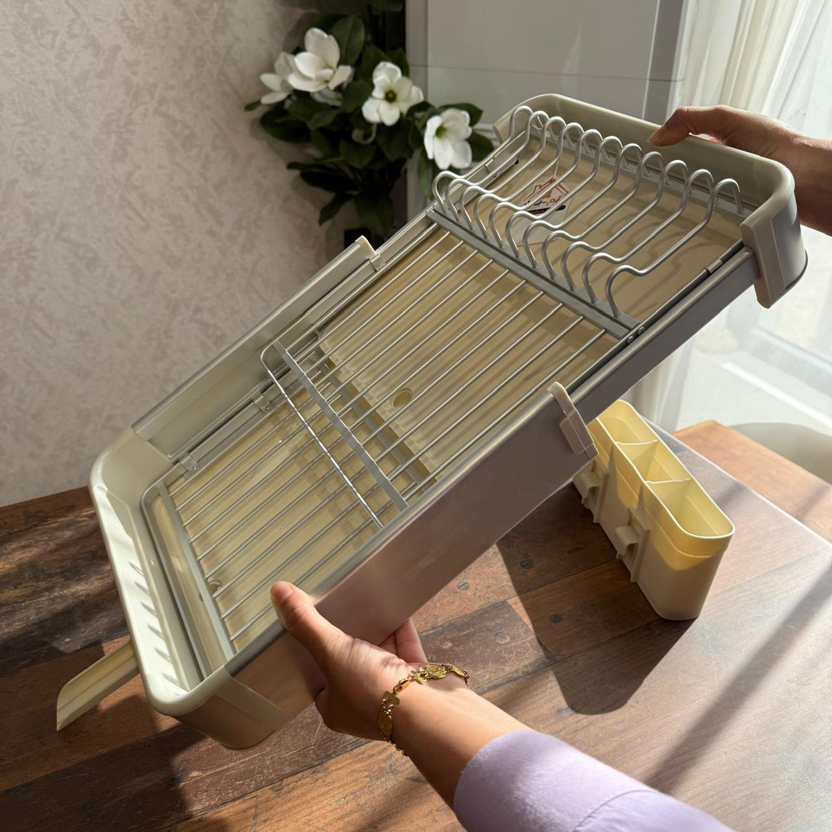 Sliding Extendable Countertop Dish Rack - Cream