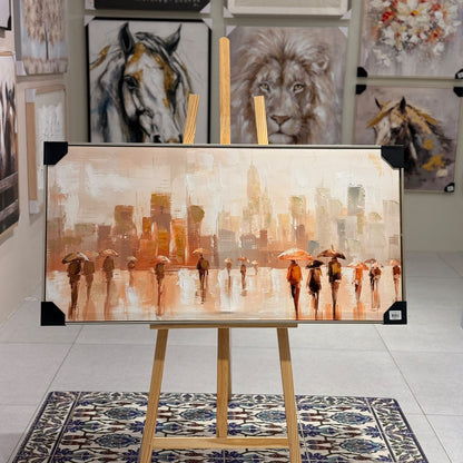 Golden City Rain Abstract Cityscape Heavy Textured Canvas Wall Art