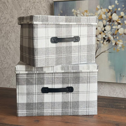 Plaid Fabric Storage Box with Lid and Faux-Leather Handle