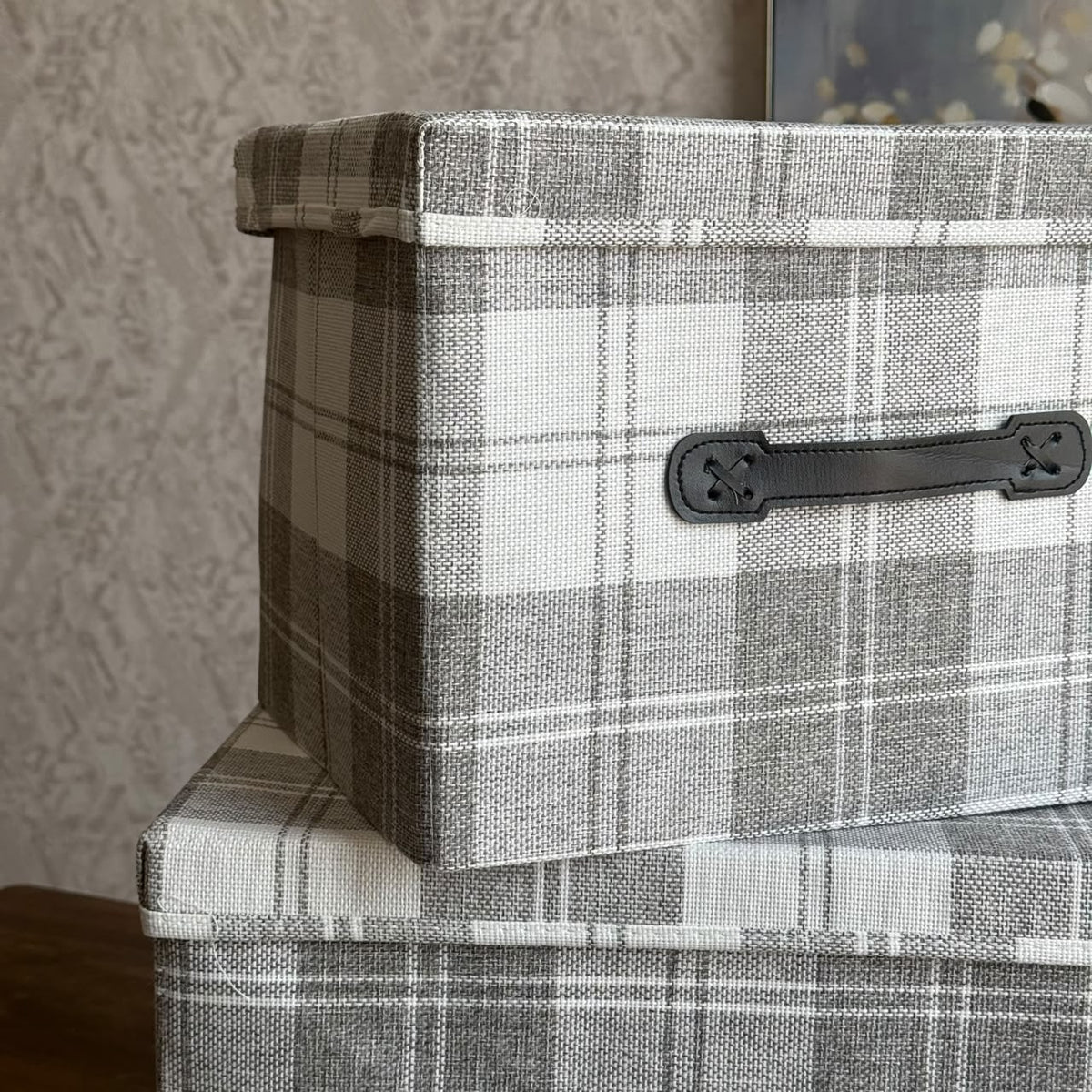 Plaid Fabric Storage Box with Lid and Faux-Leather Handle