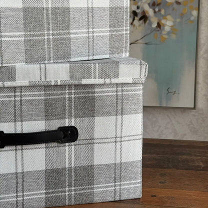 Plaid Fabric Storage Box with Lid and Faux-Leather Handle