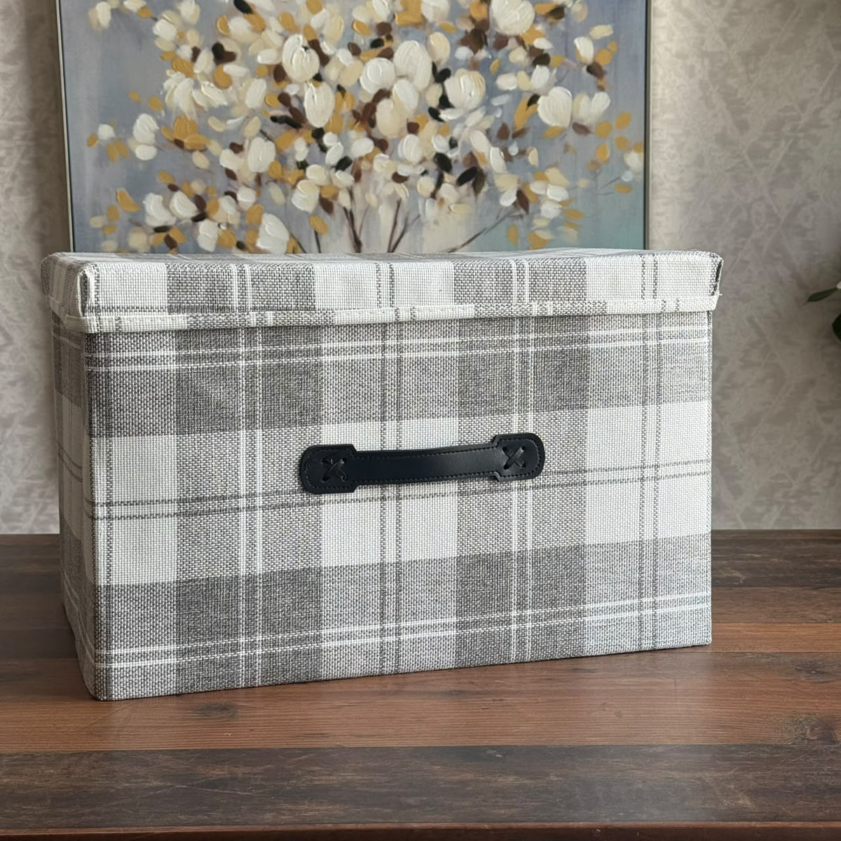 Plaid Fabric Storage Box with Lid and Faux-Leather Handle