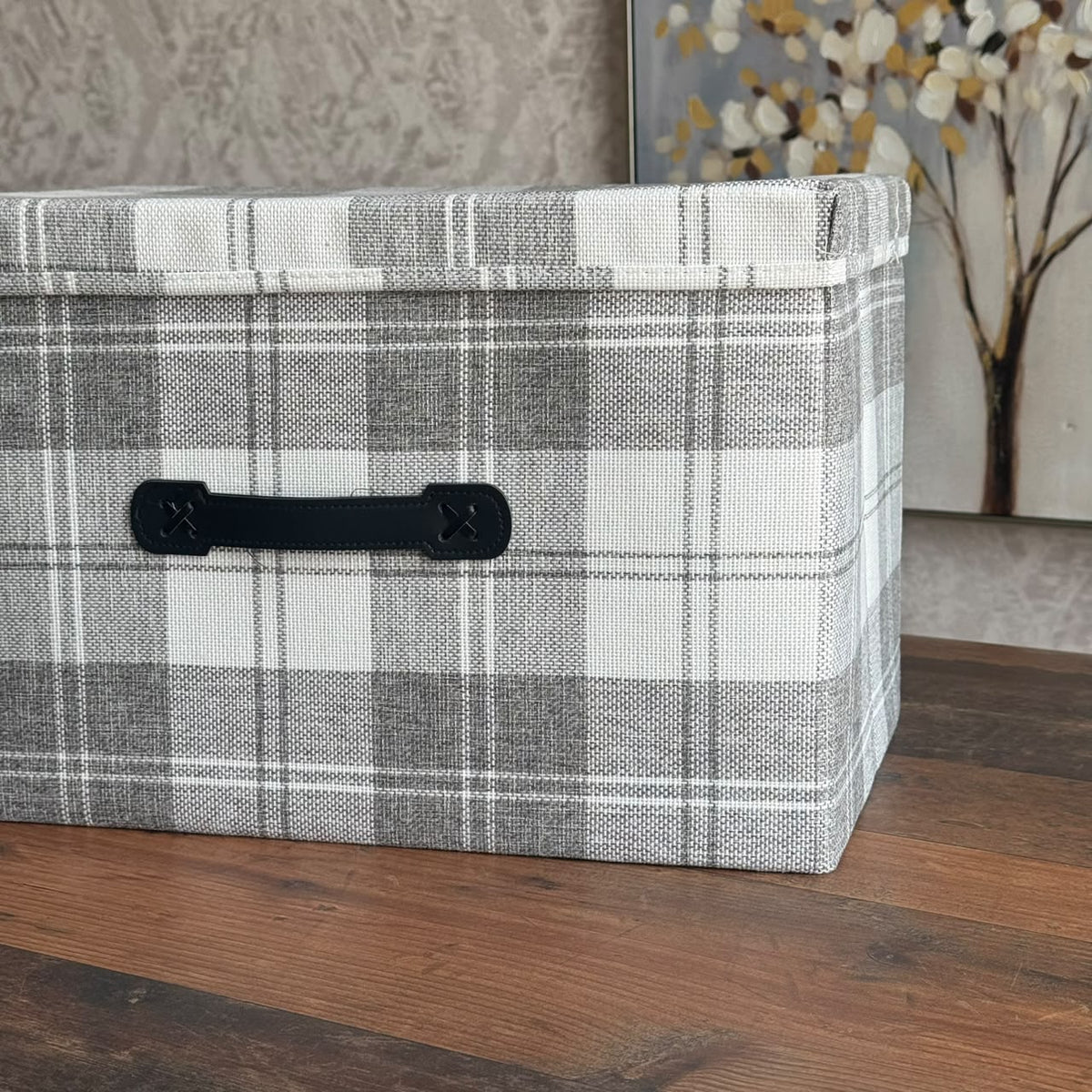 Plaid Fabric Storage Box with Lid and Faux-Leather Handle