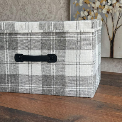 Plaid Fabric Storage Box with Lid and Faux-Leather Handle