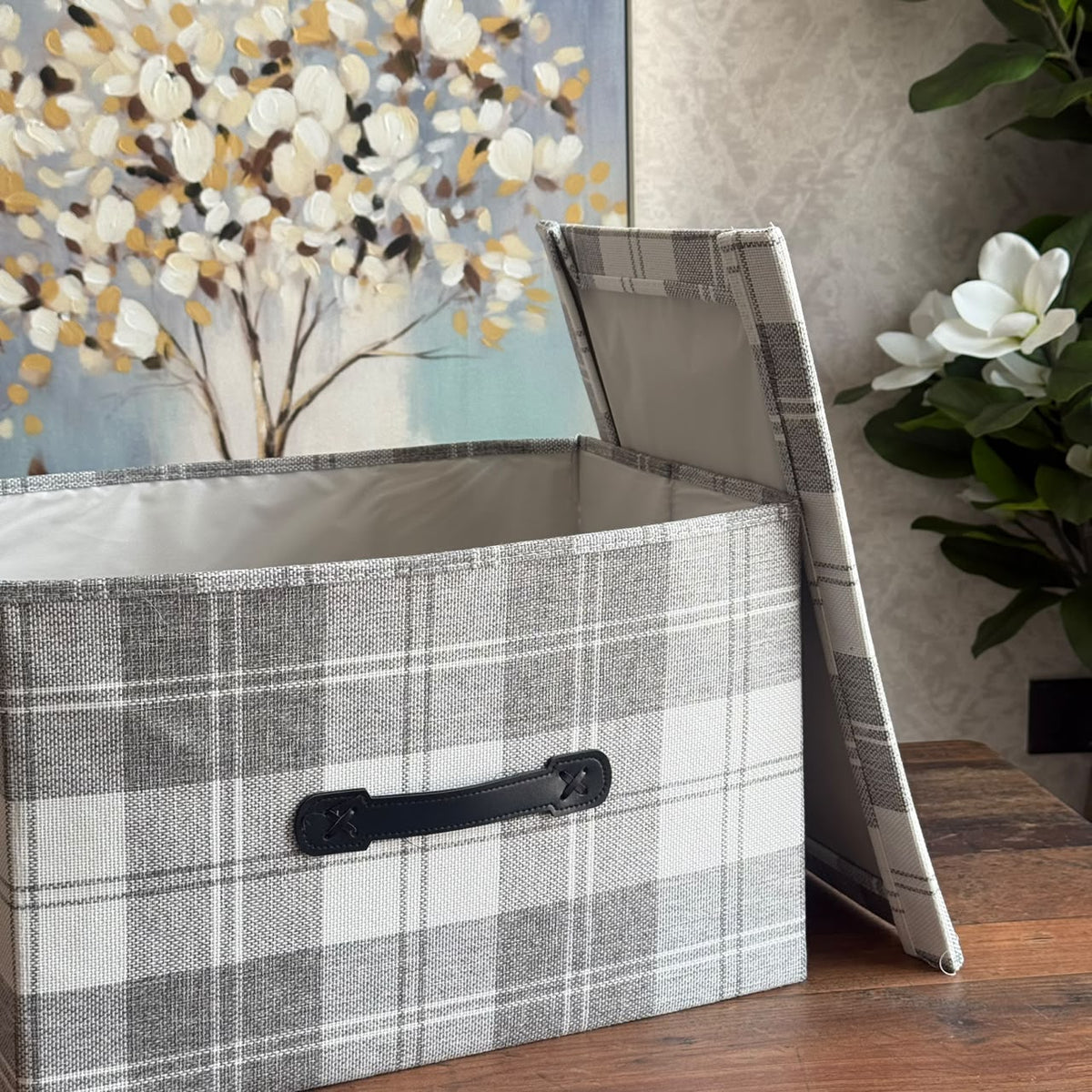 Plaid Fabric Storage Box with Lid and Faux-Leather Handle