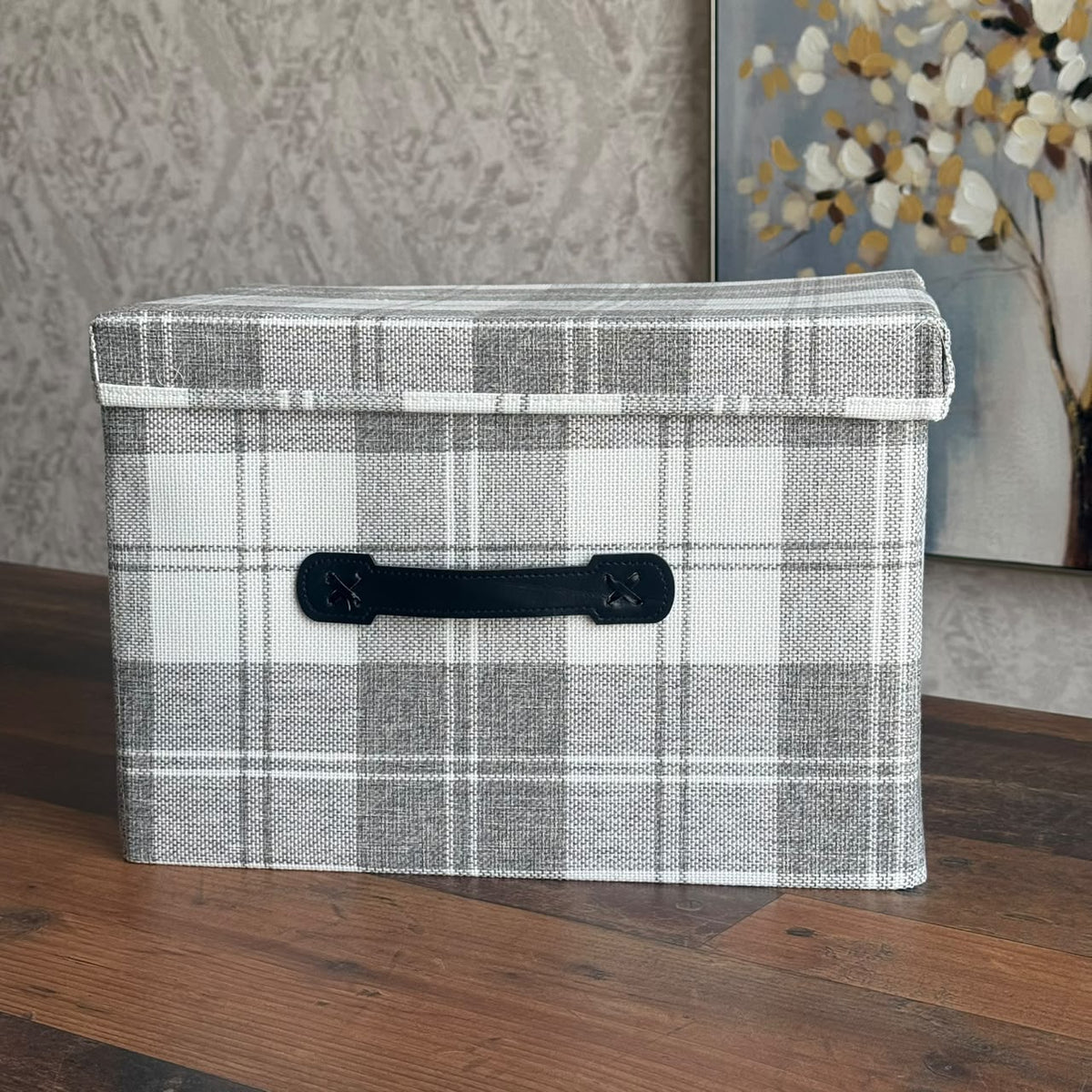 Plaid Fabric Storage Box with Lid and Faux-Leather Handle