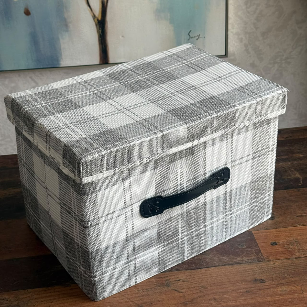 Plaid Fabric Storage Box with Lid and Faux-Leather Handle
