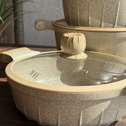 Luxury Granite Non-Stick Cookware Set With Wooden-look handles - 5PCS