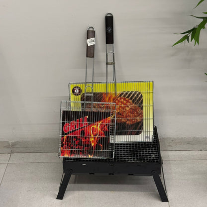 Double-Sided Stainless Steel BBQ Grill Basket with Wooden Handle