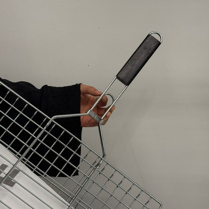 Double-Sided Stainless Steel BBQ Grill Basket with Wooden Handle