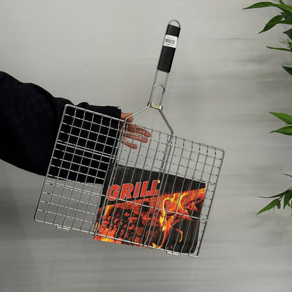 Double-Sided Stainless Steel BBQ Grill Basket with Wooden Handle