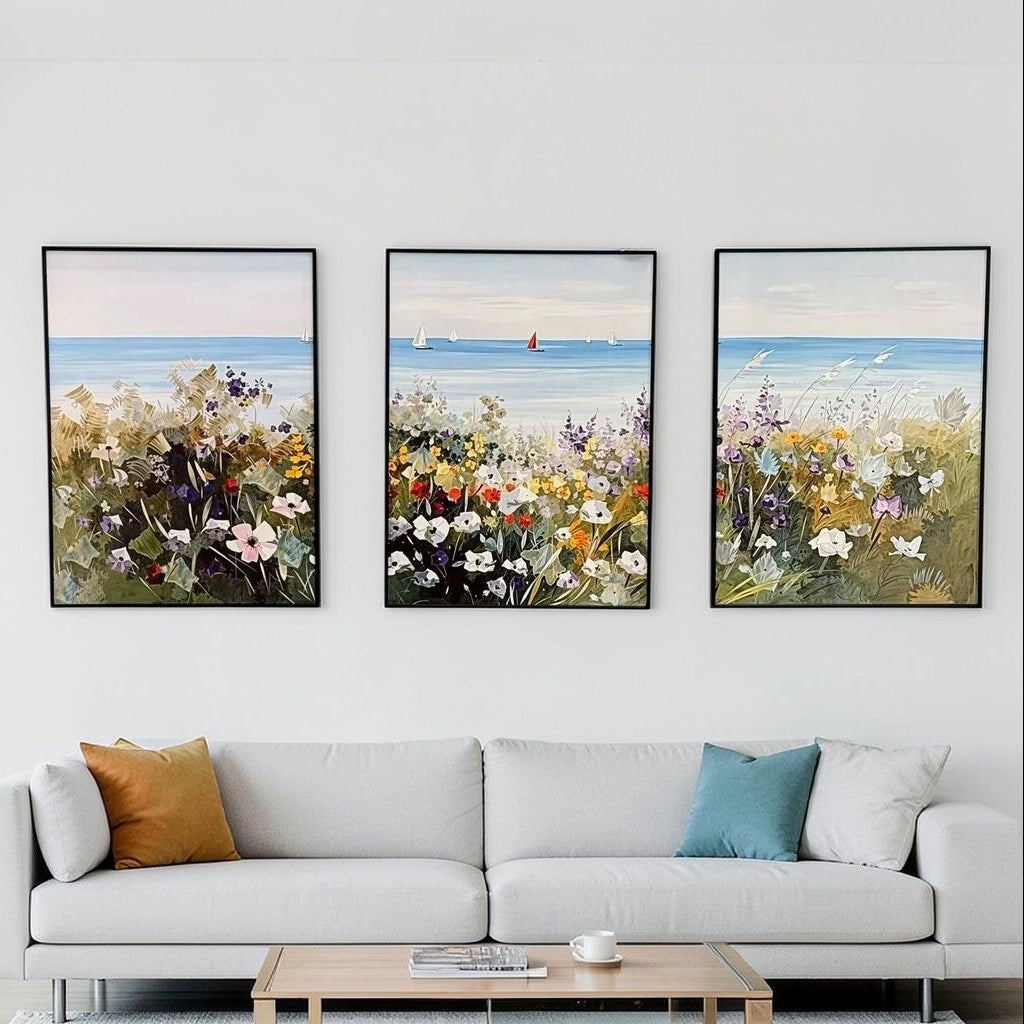 3 قطع - مجموعة لوحات فنية جدارية مؤطرة بمناظر طبيعية زهرية ساحلية