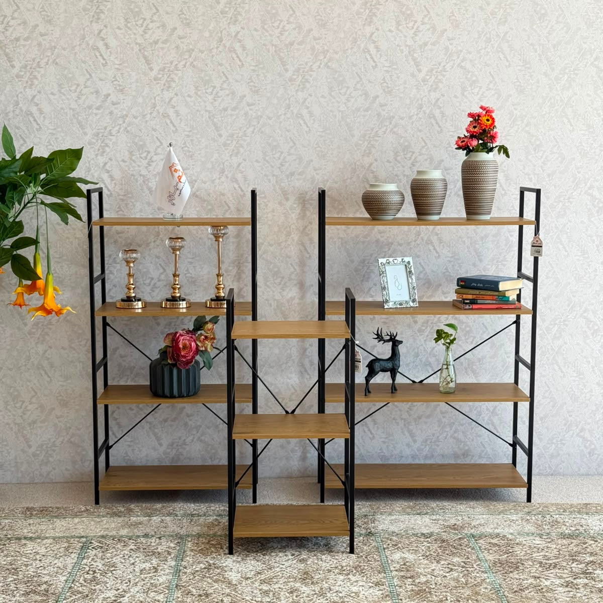 Modern Multi-Tier Storage Shelf with Metal Frame & Wooden Shelves