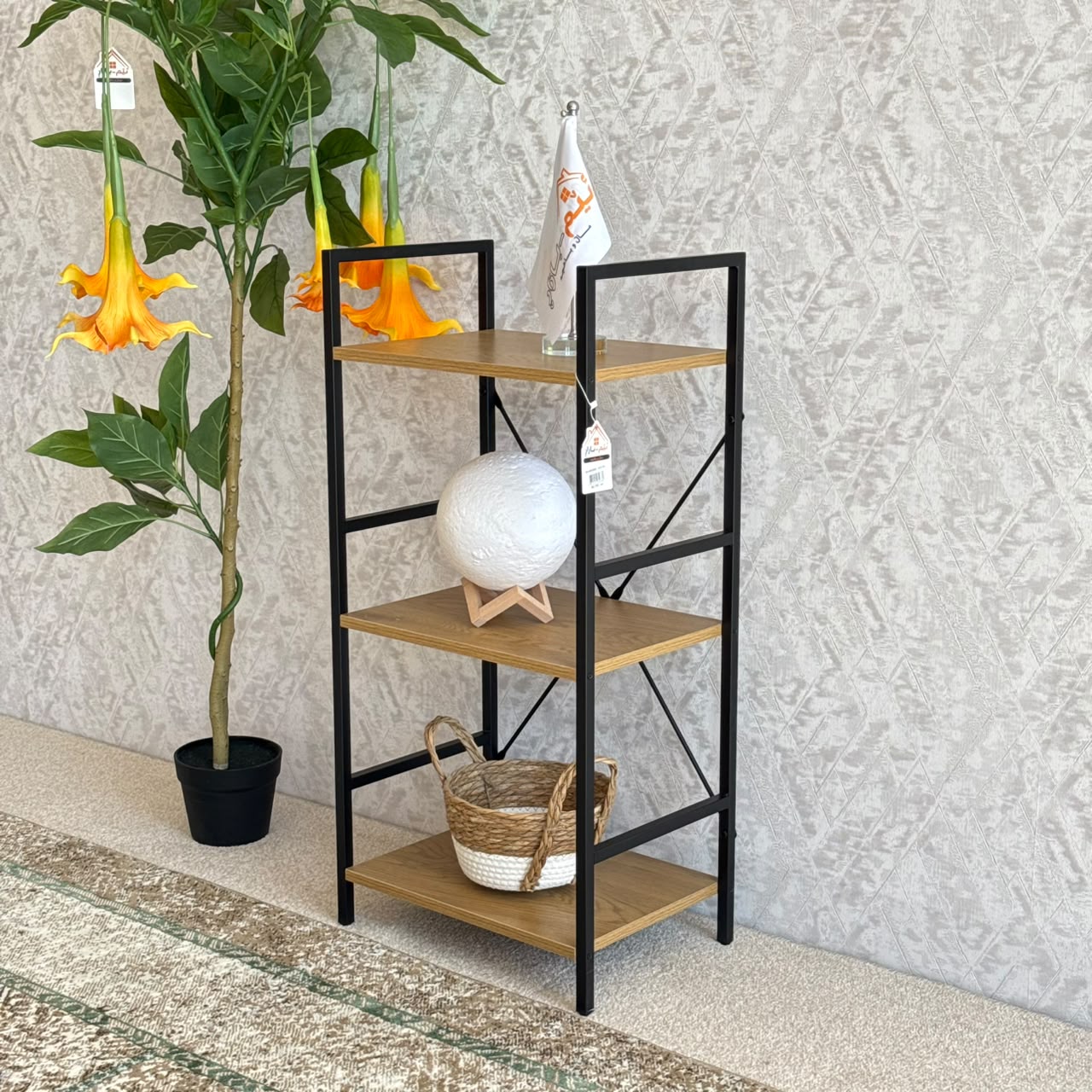Modern Multi-Tier Storage Shelf with Metal Frame & Wooden Shelves