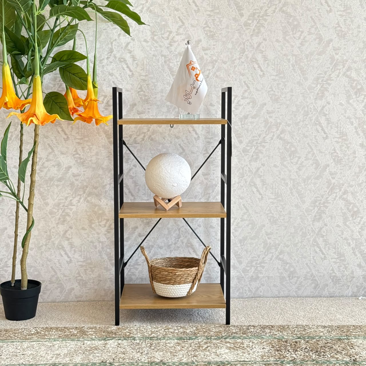 Modern Multi-Tier Storage Shelf with Metal Frame & Wooden Shelves