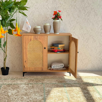 2 & 3 Door Multi-Purpose Natural Rattan Wood Storage Cabinet
