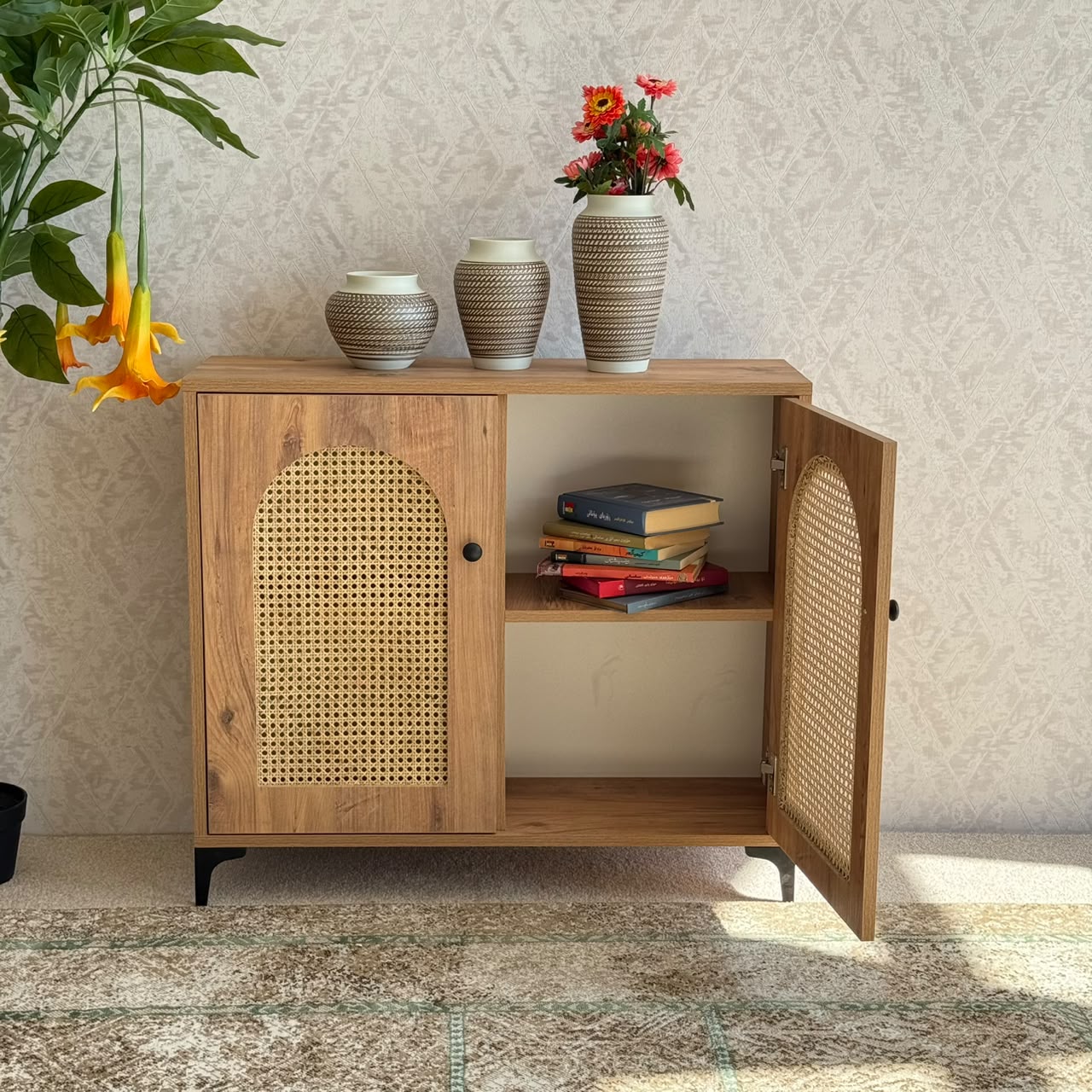 2 & 3 Door Multi-Purpose Natural Rattan Wood Storage Cabinet