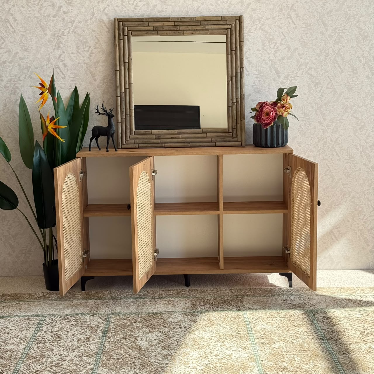 2 & 3 Door Multi-Purpose Natural Rattan Wood Storage Cabinet