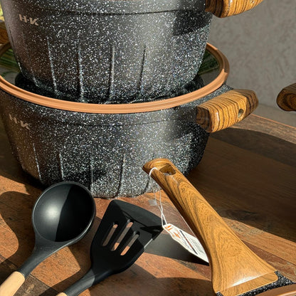 Luxury Non-Stick Cookware Set With Wooden-look handles