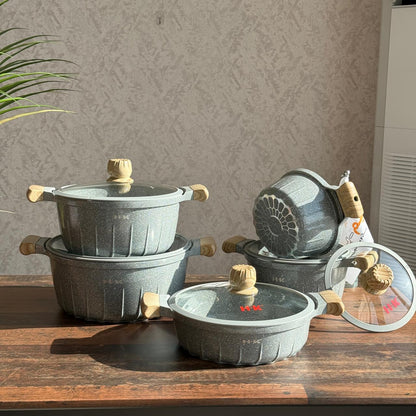 Luxury Granite Non-Stick Cookware Set With Wooden-look handles - 5PCS
