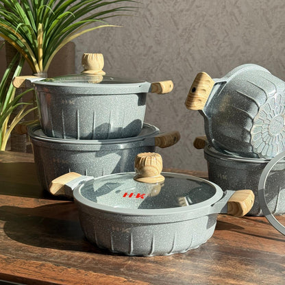 Luxury Granite Non-Stick Cookware Set With Wooden-look handles - 5PCS