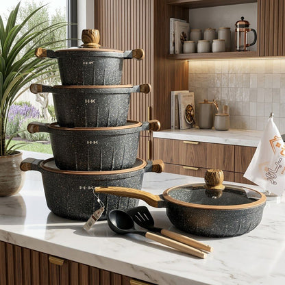 Luxury Non-Stick Cookware Set With Wooden-look handles