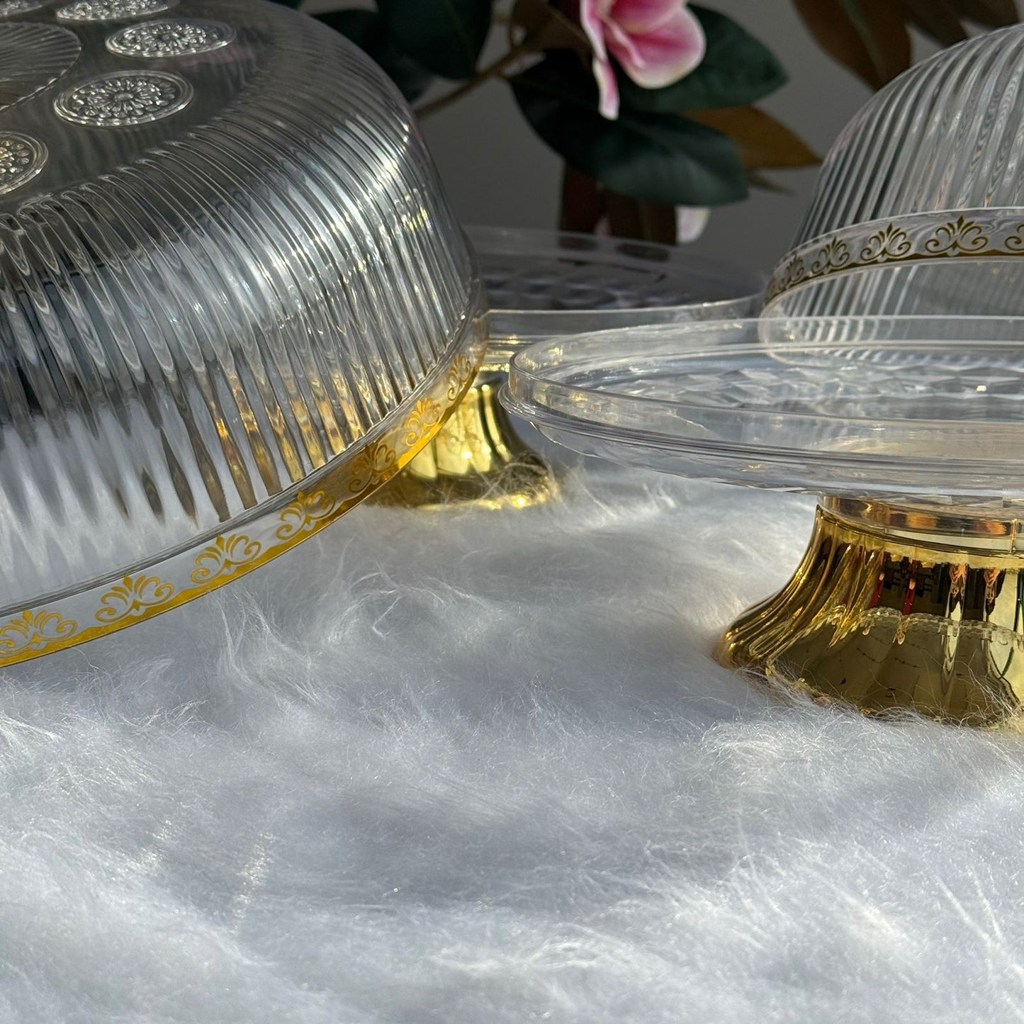 Clear Pedestal Dessert Stand with Gold Accent Lid