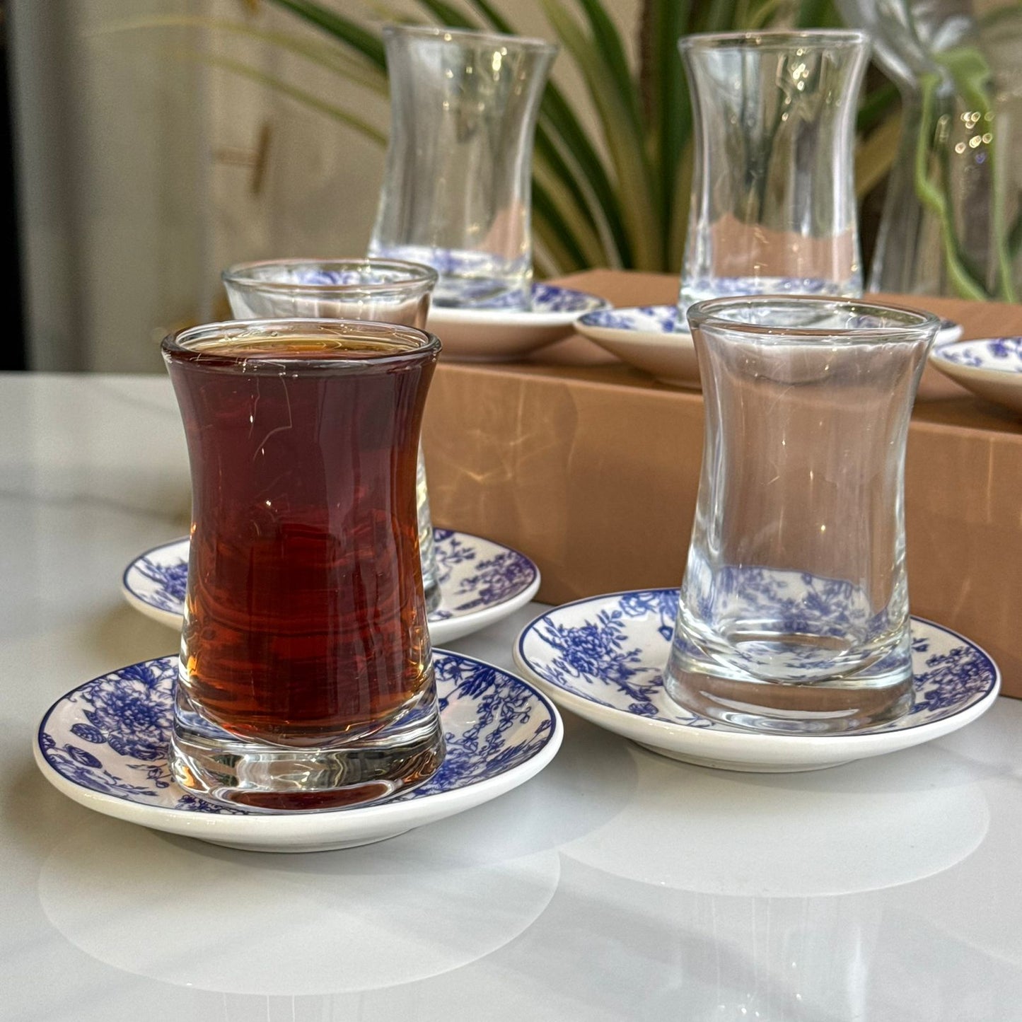 Glass Tea Cups with Blue Floral Saucers
