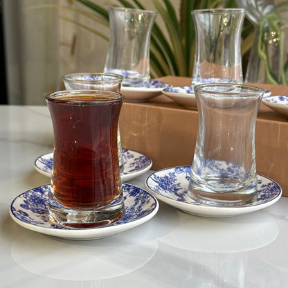 Glass Tea Cups with Blue Floral Saucers