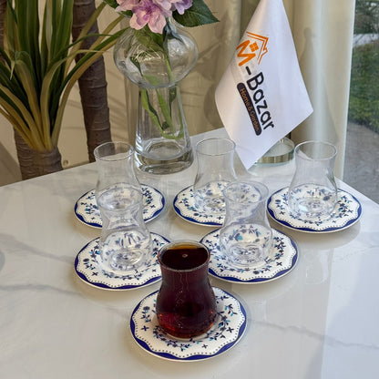 Blue Floral Saucer Tea Glass Set