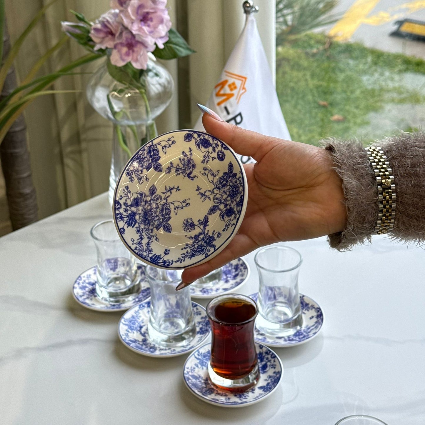 Glass Tea Cups with Blue Floral Saucers