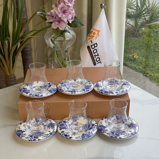 Elegant Blue Floral Saucer Tea Glass Set