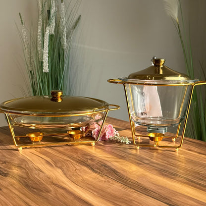 Luxury Gold Glass Chafing Dish Collection – Oval & Round Designs