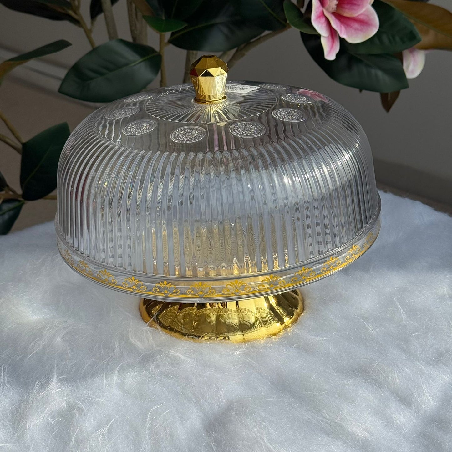 Clear Pedestal Dessert Stand with Gold Accent Lid