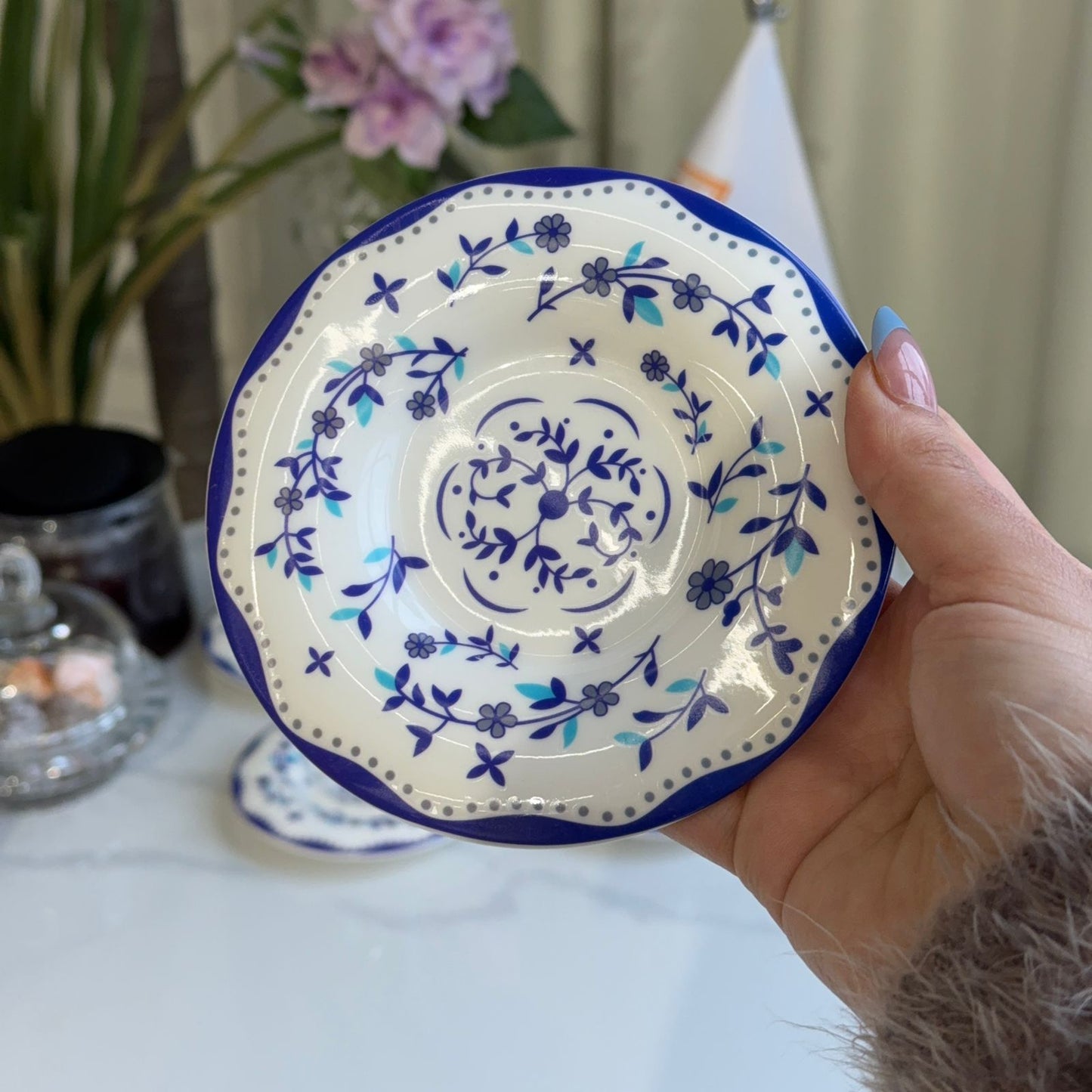Blue Floral Saucer Tea Glass Set