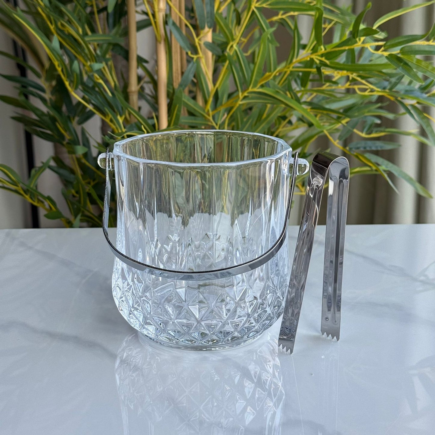 Classic Cut Glass Ice Bucket with Metal Handle & Tongs