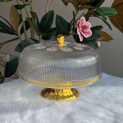 Clear Pedestal Dessert Stand with Gold Accent Lid