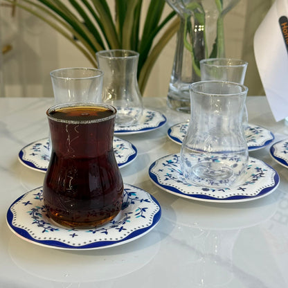 Blue Floral Saucer Tea Glass Set