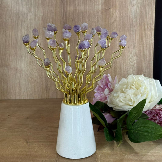 Modern Gemstone Decor With Gold-Plated Branches and Ceramic Stand