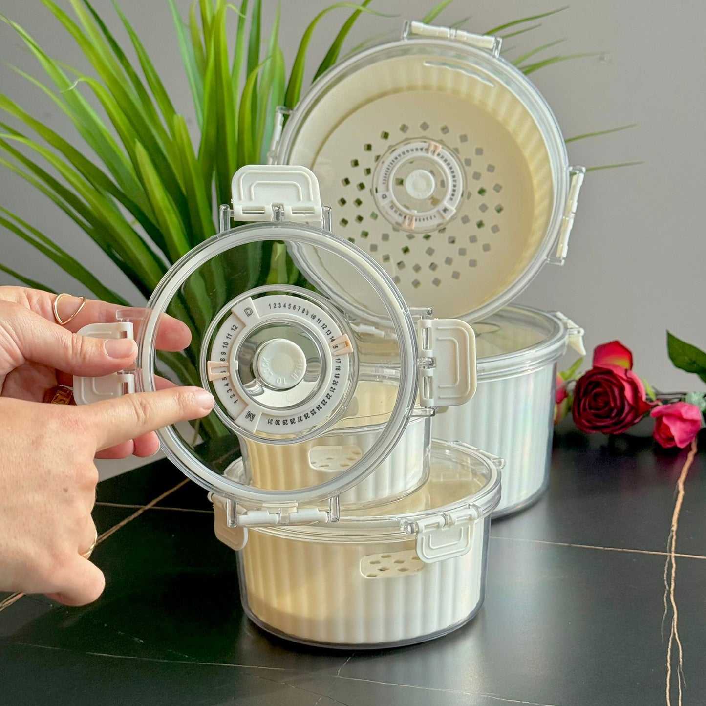 Airtight Round Food Storage Container With Date Dial - Set Of 4